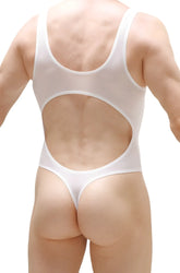 White one-piece swimsuit petitq bodythong nexon plum with cutout back and thong bottom shown from the back side