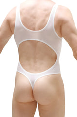 White one-piece swimsuit petitq bodythong nexon plum with cutout back and thong bottom shown from the back side