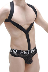 Black mesh petitq bodythong ozel durtol briefs with bold logo band and matching shoulder straps front view