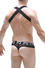 Black mesh petitq bodythong ozel durtol briefs with bold white logo band and crisscross back straps shown from back