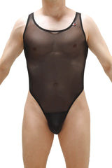 Black sheer mesh one-piece swimsuit with black trim petitq bodythong pencran black front view