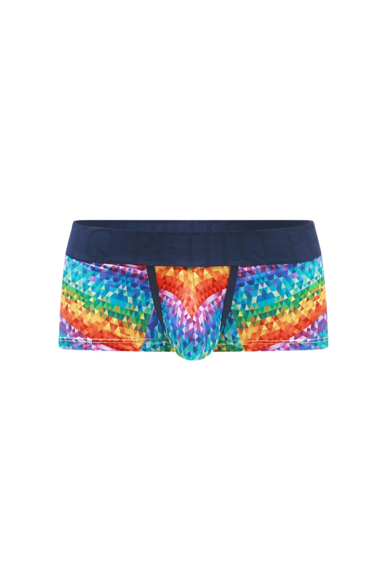 PetitQ boxer brief kaleidoscope rainbow-colored geometric pattern mens briefs with navy blue waistband