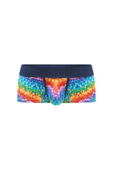 PetitQ boxer brief kaleidoscope rainbow-colored geometric pattern mens briefs with navy blue waistband