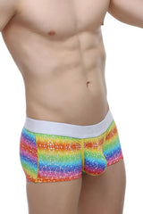 Petitq boxer brief rainbow with rainbow stripes white elastic waistband and speckled texture men’s briefs