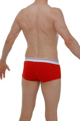 Red petitq boxer brief made from taik modal with white waistband featuring thin blue and red stripes