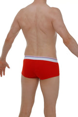 Red petitq boxer brief made from taik modal with white waistband featuring thin blue and red stripes