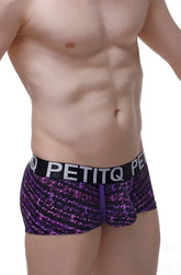 PetitQ boxer bulles purple and black patterned men’s briefs with bold white logo waistband for comfortable wear