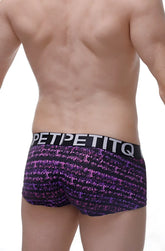 Purple and black sequined petitq boxer bulles briefs with a bold petitq waistband front view