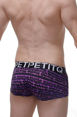 Purple and black sequined petitq boxer bulles briefs with a bold petitq waistband front view