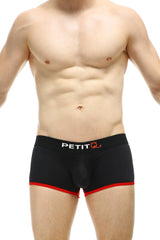 Petitq boxer cercier black men’s briefs in black cotton with red trim and white petitq logo on the waistband