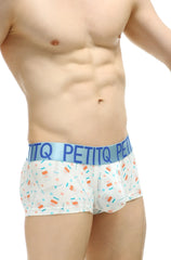 White men’s boxer briefs with orange and teal candy cane pattern and light blue petitq elastic waistband covid vaccine design