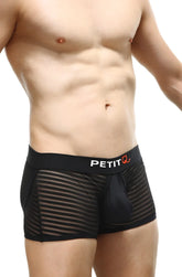 Black mesh boxer briefs with solid black waistband featuring petit logo in white and orange petitq boxer jock mesh bars