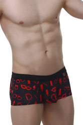 Black briefs petitq boxer meljac boudoir with bold red erotic symbol pattern on soft fabric front view