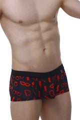 Black briefs petitq boxer meljac boudoir with bold red erotic symbol pattern on soft fabric front view