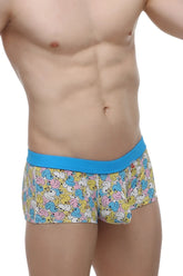 Petitq boxer meljac duckies featuring a bright blue elastic waistband and pastel cartoon duck pattern on yellow base