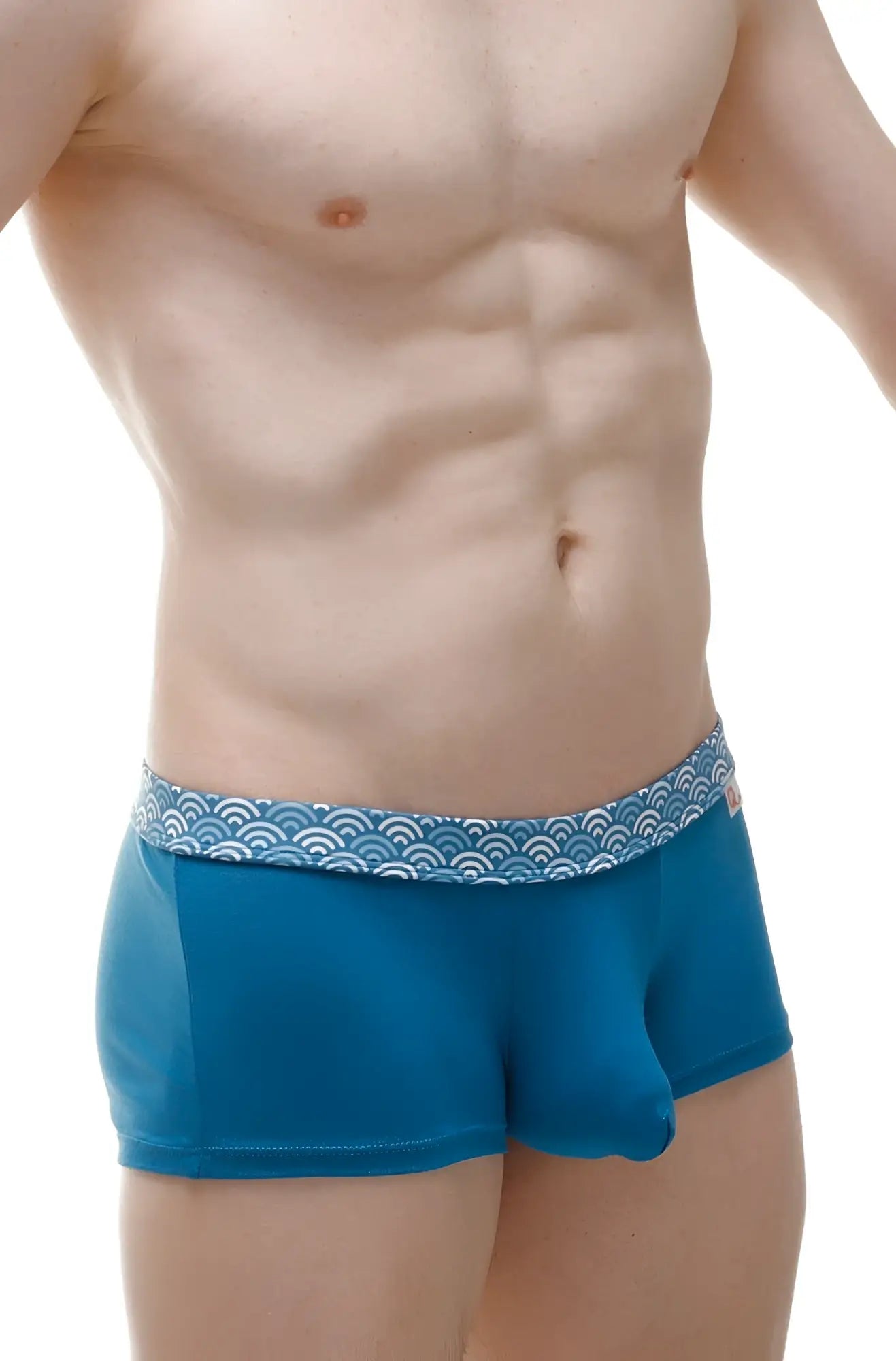 Blue men’s PetitQ boxer Meljac wave briefs with white wave-patterned waistband for comfortable everyday wear