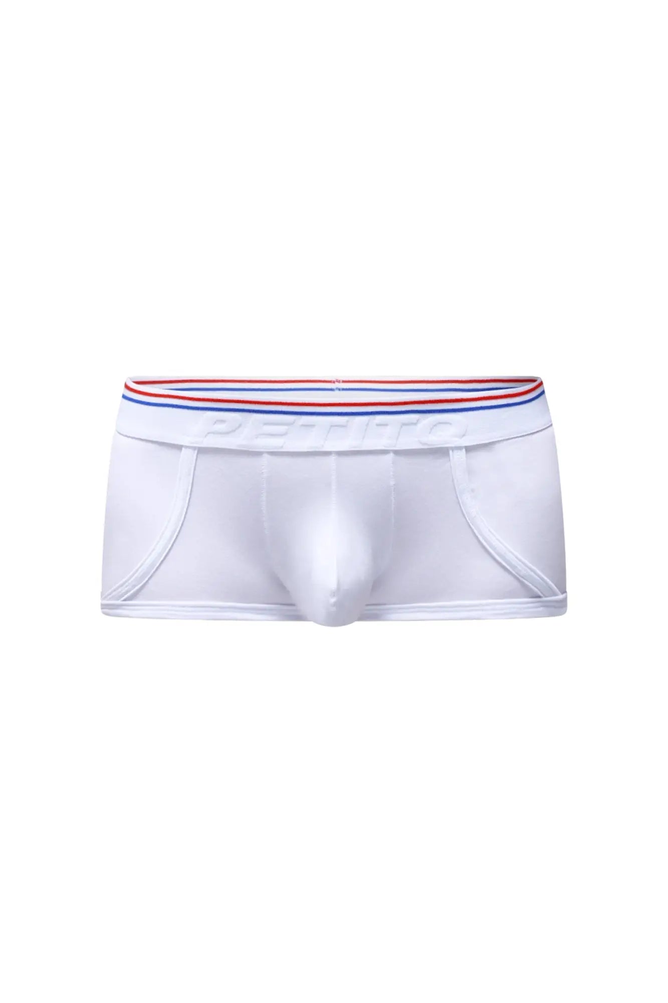 White petitq boxer morrier briefs with red white and blue striped elastic waistband featuring petitbag logo