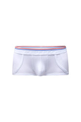 White petitq boxer morrier briefs with red white and blue striped elastic waistband featuring petitbag logo