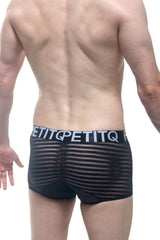 Petitq boxer mosnay black sheer striped boxer briefs with black elastic waistband and white petitq logo
