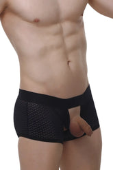 PetitQ boxer Olloix Macra black mesh briefs with solid waistband and open front design for men