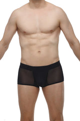 Petitq boxer oncieux black mesh briefs with solid black waistband showing front view
