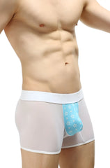 Light gray mesh petitq boxer percey stars briefs with white elastic waistband and light blue star-patterned pouch