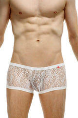 PetitQ boxer plouhac lace white men’s briefs in white lace with delicate floral pattern and white elastic waistband