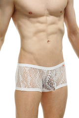 Petitq boxer plouhac lace white men’s briefs in white lace with delicate floral patterns and subtle sheen