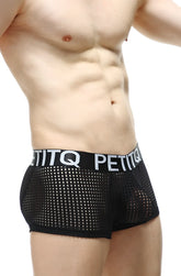 Black mesh PetitQ boxer protruder Durtol briefs with a white PetitQ waistband front view