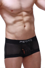Black mesh briefs with white petitq logo on waistband from petitq boxer rabol durtol collection
