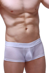 White mesh boxer briefs with a solid white elastic waistband featuring embossed lettering from boxer reotier bee white