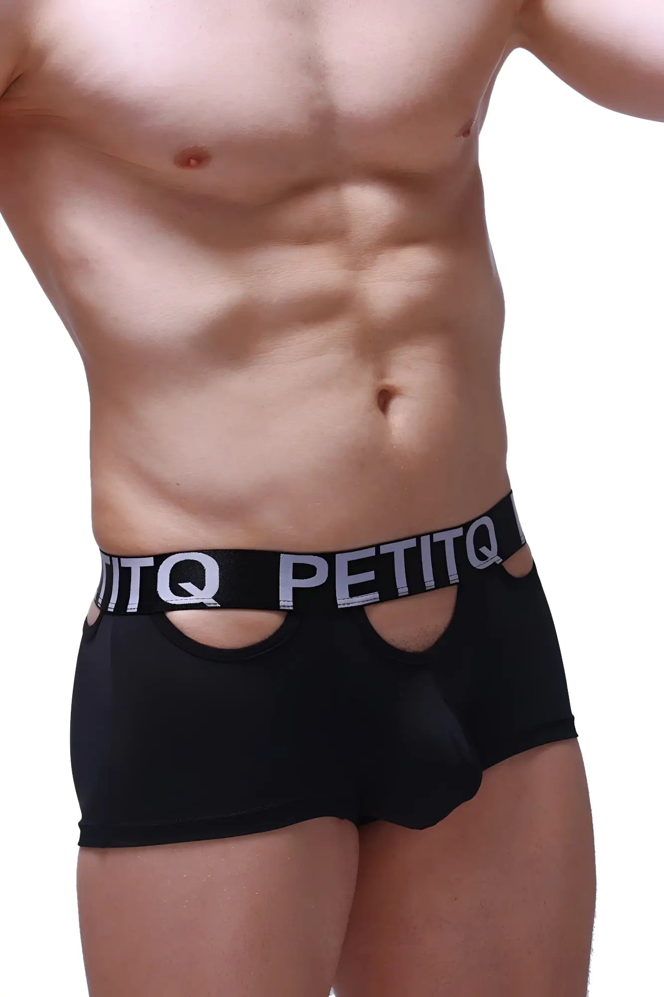 Black PetitQ boxer briefs with white logo band and cutout details designed for comfortable everyday wear