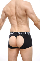 Black petitq boxer string mecrin briefs with buttocks cutout and elastic waistband with white lettering back view