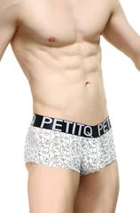 White petitq boxer visage briefs with black elastic waistband and all-over minimalist line-drawn face pattern