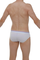 White PetitQ brief made from Anjouin modal with a striped red white and blue waistband visible from the front