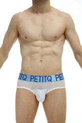 White PetitQ men’s briefs with a light blue elastic waistband featuring the brand name in bold lettering