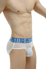 White mesh PetitQ briefs with blue elastic waistband featuring PetitQ logo in front view