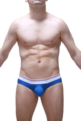 Blue petitq brief ball-lifter men’s briefs with white waistband and red blue stripes designed for comfort and support