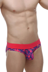 PetitQ brief Blaru tropical hearts vibrant pink and navy blue patterned briefs with bold red waistband front view