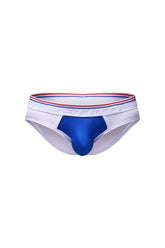 PetitQ brief Bovel white athletic briefs in white and royal blue with a red white and blue striped waistband