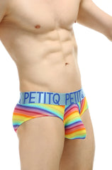Rainbow-striped men’s briefs with blue petitq waistband in breathable fabric featured in petitq brief chill max andiol