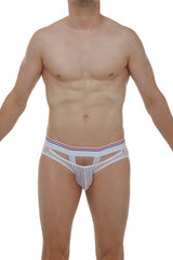 White mesh petitq brief dolmen net with red white and blue striped waistband showing front side view