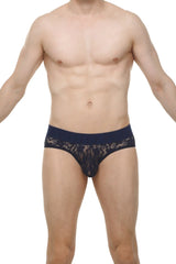Navy blue lace briefs with sheer intricate floral pattern and solid waistband in brief dome lace navy design