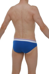PetitQ brief dome modal blue men’s briefs in blue with white waistband featuring thin red and blue stripes