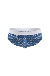 PetitQ Brief Dome New Denim men’s briefs in blue and white patterned fabric with a solid white waistband