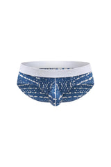 PetitQ Brief Dome New Denim men’s briefs in blue and white patterned fabric with a solid white waistband