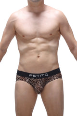 Leopard-print men’s briefs with black petitq waistband in white lettering from the petitq brief dome panthere line
