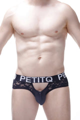 Black lace men’s brief with bold petitq logo band in satin lace material for stylish comfort and support