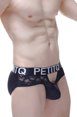 Black lace-trimmed men’s brief with satin material and bold petitq logo band for stylish comfort