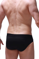 PetitQ brief hang black mens briefs in smooth form-fitting fabric with a snug waistband visible from front view
